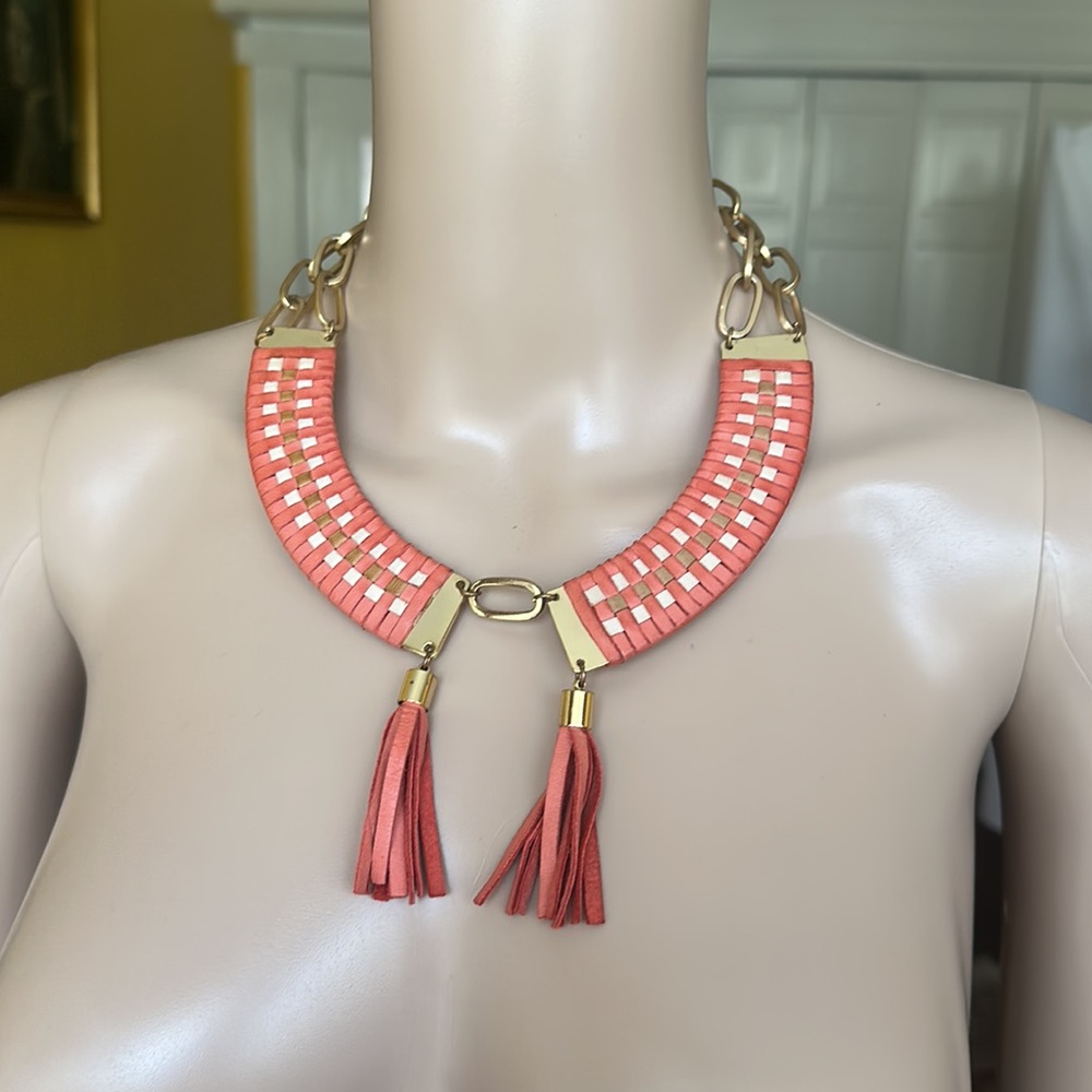 Anthropologie Wing Paris orange leather tassels & brass necklace. Made in France - Picture 2 of 12